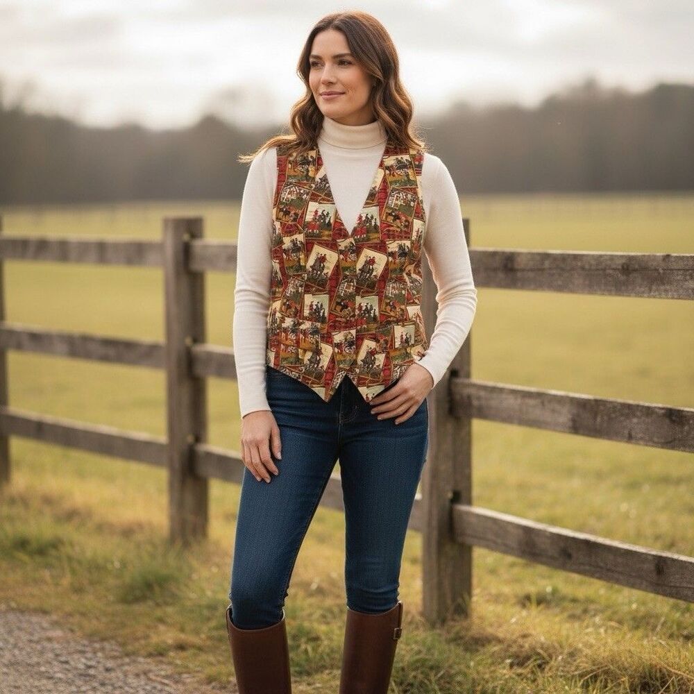 Vintage Horse Print Riding Vest size 8 Equestrian Hunting Old Money Country Club